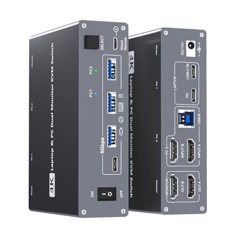 USB C & Dual HDMI KVM Switch 2 Monitors Laptop & Desktop Docking Station | 4K@60Hz Dual Monitor for 1 Laptop and 1 PC, PD 100W Charging, with Type-C 3.1 Gen 2 Cable & Wired Remote - color: Silver-01, size: 12cm