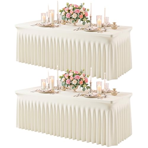 2 Pack Ivory Spandex Tablecloth for 4FT Rectangle Tables, Fitted Stretch Table Cover with Skirt, Wrinkle Free Washable Elastic Table Cloth for 4 Foot Folding Table, Wedding Banquet Baby Shower - color: Ivory, size: 4FT(2packs)