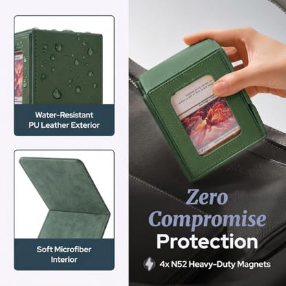 Commander Deck Box MTG 100 Card Holder with Display Window Green | PU leather, 4 N52 magnets, fits 100 double-sleeved cards, display window, durable, portable, secure closure - color: Green, size: 110+