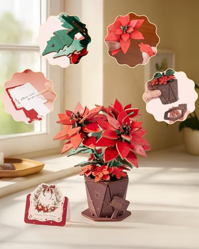3D Flower Wooden Puzzles for Adults-Poinsettia, DIY Wooden Flowers Model Kit Building Set Crafts Gifts, Artificial Botanical Collection Creative Gift Ideas/Housewarming Celebration(153PCS) - style: Poinsettia