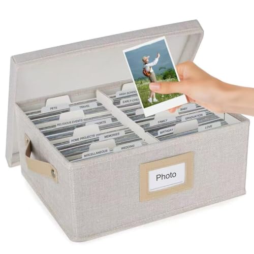 Photo Storage Box, Linen Photo Organizer with Handles, Decorative Storage Box with Dividers for 4" x 6" Photos, Memory Box Keepsakes Holds Up to 1,700 Pictures, Postcard (Beige) - color: Beige