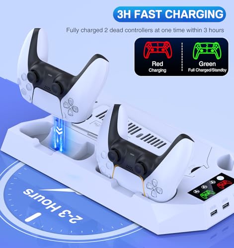 PS5/Slim/Pro Cooling Station for PlayStation 5 Console Disc/Digital Edition - PS5 Slim Pro Cooling Stand with Controller Charging Station Accessories-Cooler Fan/Headset Holder/3 USB Hub, White - color: 1-White