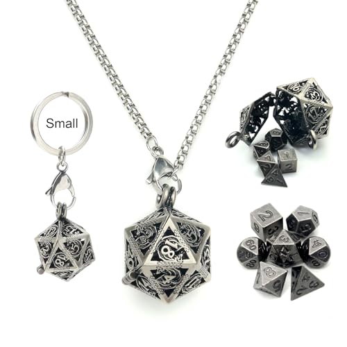 Haxtec Mini Metal DND Dice Set, D20 Hollow Cage Pendant Necklace & Keying | Portable 6mm Micro 7PCS D&D Dice, Cool Charm DND Accessories, For RPG Travel, Unique Gifts for Dungeons and Dragons Players - color: Nickel