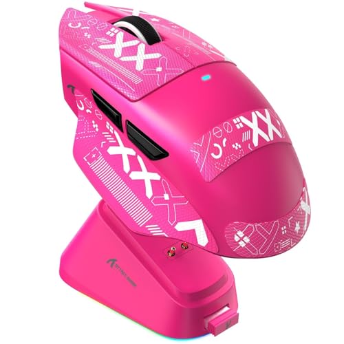 ATTACK SHARK V6 Wireless Gaming Mouse with RGB Charging Dock, 25K DPI PAW3311 Sensor, 1K Polling Tri-Mode PC Mice, 500mAh Battery, Cloud-Based AI Driver for Win/Mac, Red & Tape - color: Berry Red&Tape