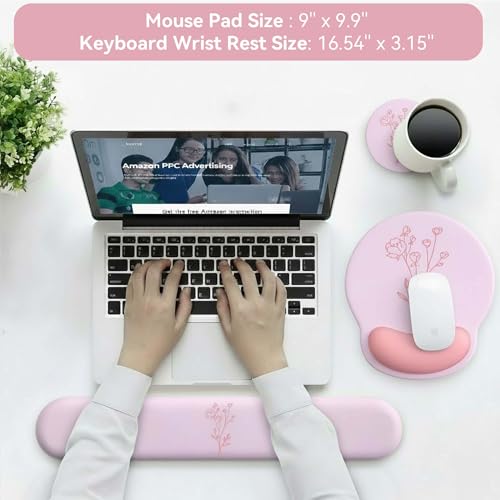 Mouse Pad with Keyboard Wrist Rest,Ergonomic Mouse Pad Wrist Support PU Base with Coaster,Mousepad with Nonslip Base for Computer Laptop Keyboard Home&Office - color: J-Pink Plants