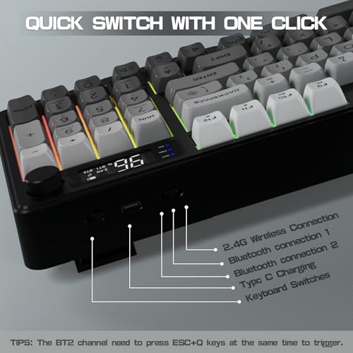 LexonElec M96 Wireless Keyboard, Low Profile Quiet Typing Membrane Gaming Keyboard with Smart Display & Knob, RGB Backlit, USB C Rechargeable, 94 Keys PBT Keycap for Windows PC,Mac,Linux-Moonlit Night - color: Moonlit night