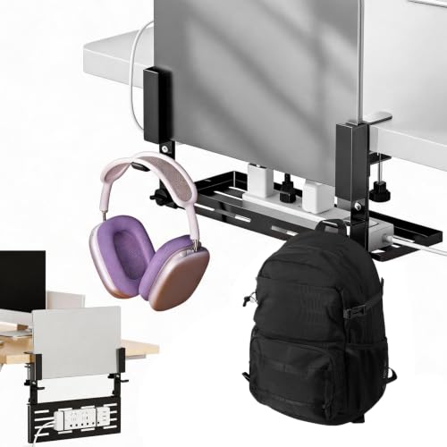 Laptop Holder for Desk,Desk Side Storage Organizer, Under Desk Laptop Mount | Clamp-On Vertical Laptop Holder, No Drill Metal Shelf with Headphone Hook & Power Strip Holder, Black