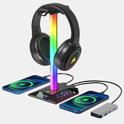 Gaming Headset Stand, RGB Headphone Holder with 2 USB Ports for Desk | RGB lighting effects, 2 USB charging ports, sturdy non-slip base. Perfect for gaming desk, office, gift for gamers.