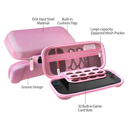 RAVEtone Travel Carrying Case Compatible with Nintendo Switch 2 Model 2025, Large Capacity Premium EVA Portable Hard Shell Pouch Waterproof Game Bag with 32 Game Cartridge Accessories (Pink) - color: Pink, style: Large