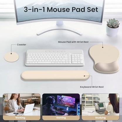 AKIT Ergonomic Mouse Pad and Keyboard Wrist Rest, 3-in-1 Memory Foam Wrist Rest for Computer Keyboard, Non-Slip Base, Pain Relief, Gel Mousepad Set for Gaming, Home and Office, Apricot - color: Apricot