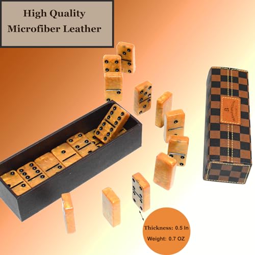 Dominos Set for Adults, Thick Domino, Double 6 Dominoes Set for Adults and Kids, 28 Marbleized Gold Tiles in Brown Leather Case, Travel Domino's Game Set - color: Gold