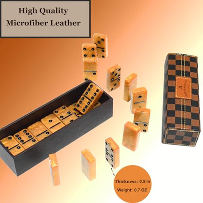 Dominos Set for Adults, Thick Domino, Double 6 Dominoes Set for Adults and Kids, 28 Marbleized Gold Tiles in Brown Leather Case, Travel Domino's Game Set - color: Gold