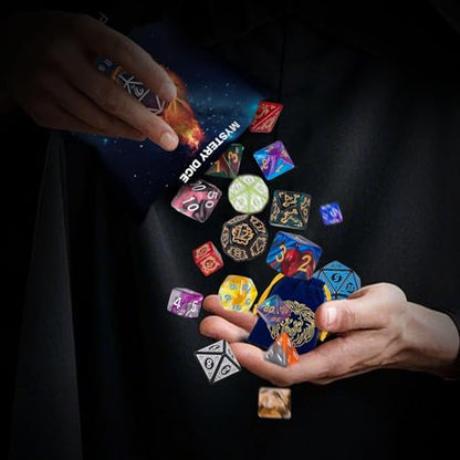 Mystery Dice Set – 7 Pcs Acrylic Polyhedral Dice + 1 Pcs Velvet Bag | Random Patterns & Various Styles DND Dice Gifts for D&D, Pathfinder, MTG, Table Game Night, Dice Goblins, RPG Players & DMs - style: 1 bag Mystery Dice