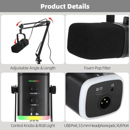 OMISTAR Dynamic Streaming USB Microphone for PC, Wireless Gaming Microphone with Boom Arm, Gaming Mic with RGB Light, Noise Reduction, Volume & Echo Knobs (100W-Boom Arm)