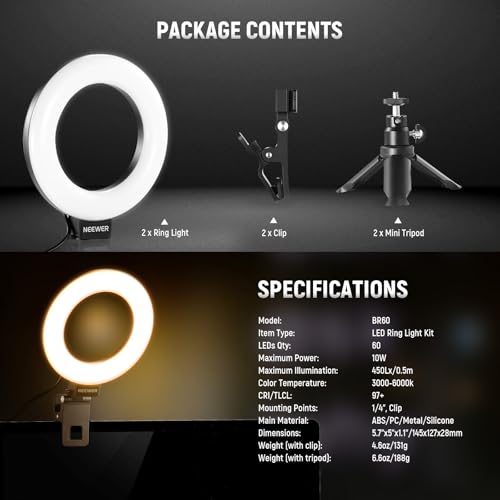 NEEWER BASICS 5" Ring Light for Video Conference Lighting, 2 Pack Clip on Light Kit with Desk Tripod Stands for Monitor Laptop Computer Zoom Call Live Streaming Recording Remote Working Learning, BR60