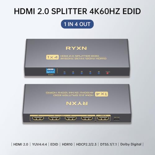 4K HDMI Splitter 1 in 4 Out 60Hz, 1x4 HDMI 2.0 Splitter Supports 4K@60Hz 4:4:4, 2K@144Hz/120Hz, HDCP 2.3, EDID, for PS5/PS4, Xbox, Apple TV, Fire Stick, Blu-ray Player