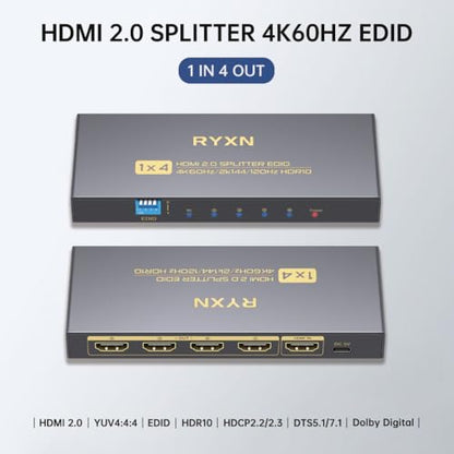 4K HDMI Splitter 1 in 4 Out 60Hz, 1x4 HDMI 2.0 Splitter Supports 4K@60Hz 4:4:4, 2K@144Hz/120Hz, HDCP 2.3, EDID, for PS5/PS4, Xbox, Apple TV, Fire Stick, Blu-ray Player