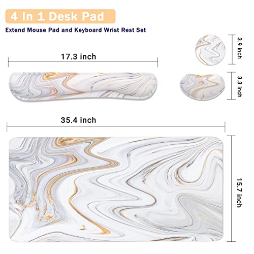 4-in-1 Large Gaming Mouse Pad, Keyboard Wrist Rest Pad & Wrist Support Mousepad Set, Extended Desk Pad Waterproof Desk Mat for Home Office Study Game - White Marble - color: White Marble