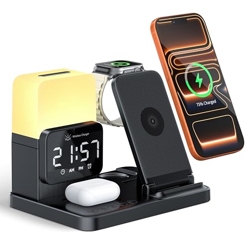 6-in-1 Wireless Charging Station,Charger Stand for Apple Devices for Gifts | for iPhone 17-12 Pro Max Watch Airpods,Wireless Charger iPhone Charging Station with Night Light/Alarm Clock Gifts