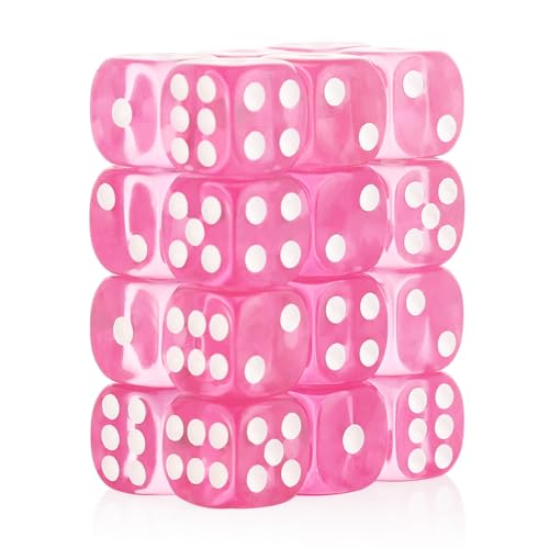 24 of Pack 16MM 6 Sided Dice Set,Translucent Colors D6 Game Dice Set, 6 Sided Standard Dices for Yahtzee, Bunco or Teaching Math,with Portable Dice Pouch(Pink) - color: 16mm Transparent Pink