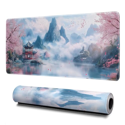 Cherry Blossom Watercolor Mouse Pad Abstract Big Mouse Pad 31.5x11.8 Inch Landscape Texture Non-Slip Rubber Base Large Mousepad Stitched Edges Keyboard Mouse Mat Desk Pad for Office and Home - color: Cherry Blossom Watercolor