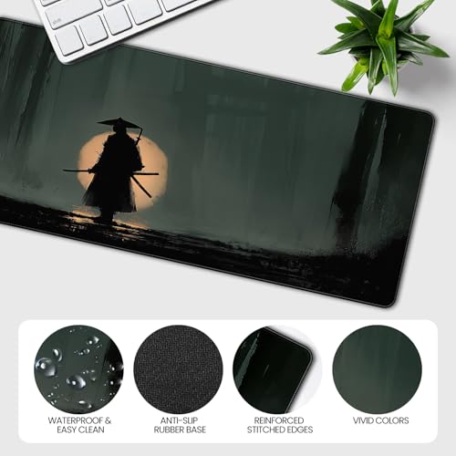 35.4 x 15.7 inch, XXL Extra-Large Gaming Mousepad, Featuring a Japanese Lone Samurai Design, a wear-Resistant, Scratch-Resistant, and Waterproof Surface, and a Non-Slip Rubber Base. - color: Japanese Abstract Style Samurai