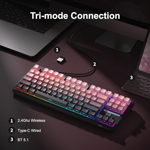 MageGee Pink Wireless Creamy Keyboard, Tri-Mode 2.4G/USB-C/BT Gaming Keyboard, RGB Backlit Hot Swappable Mechanical Keyboard for Win/Mac/PC, 8000mAh Battery - color: Pink