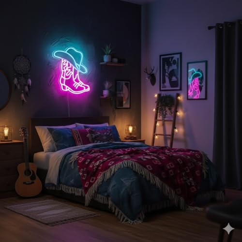 Cowboy Boot and Hat LED Neon Sign,Western Country Wall Decor for Bar, Man Cave, Garage,Pink White Aesthetic Rodeo Neon Light, Unique Christmas Birthday Gifts(13x15 in) - style: Cowboy Boot