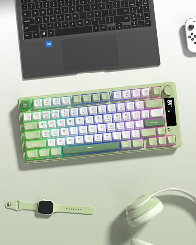 Womier DK75 75% Wireless Gaming Keyboard, RGB Backlit Creamy Keyboard with Media Knob, OLED Screen, Tri-Mode 2.4GHz/USB-C/BT5.0, Anti-Ghosting No-Conflict Silent Membrane Keyboard for MAC Windows - color: Green