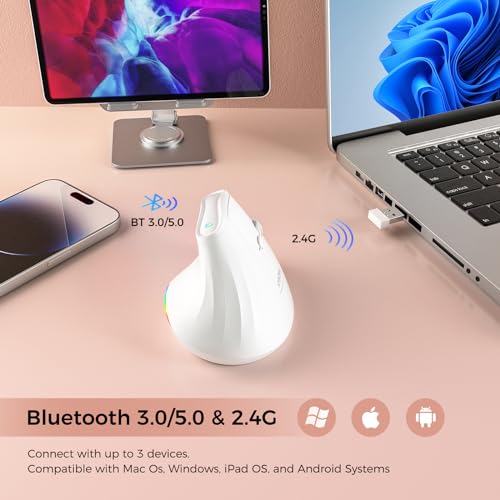 KYSONA 57° Wireless Ergonomic Mouse, Vertical Mouse, Carpal Tunnel Mouse, RGB Light, Rechargeable, Bluetooth & 2.4G, 5-Level DPI Adjustment, Quiet Click Ergo Mice Compatible with PC/Laptop/Mac, White - color: RGB Light in White