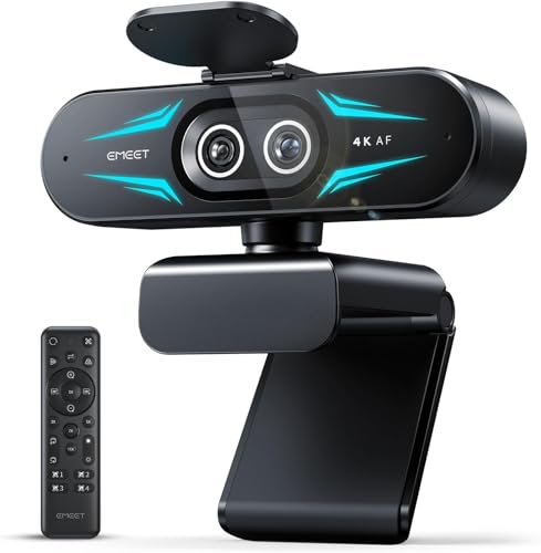 EMEET C60E Dual-Camera 4K Webcam for Streaming, Wide-Angle & Telephoto | Max 11X Hybrid Zoom & PDAF Autofocus, Remote Control, RGB Lighting, 2 Mics, Ideal for Livestreaming and Online Meeting - style: Dual-Camera w/ Remote