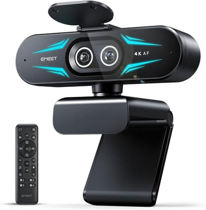 EMEET C60E Dual-Camera 4K Webcam for Streaming, Wide-Angle & Telephoto | Max 11X Hybrid Zoom & PDAF Autofocus, Remote Control, RGB Lighting, 2 Mics, Ideal for Livestreaming and Online Meeting - style: Dual-Camera w/ Remote