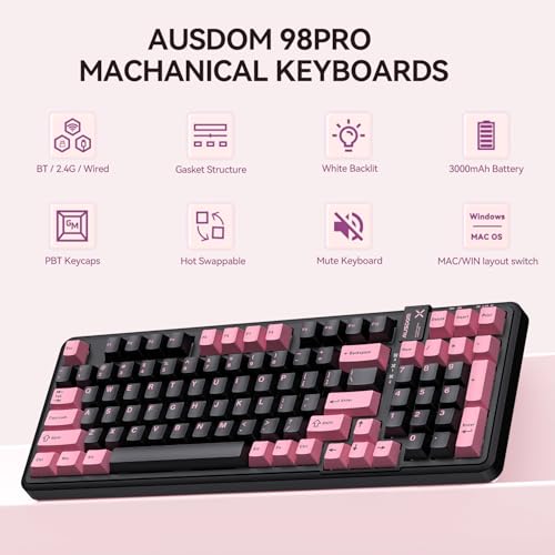 AUSDOM 98Pro Silent Wireless Mechanical Keyboard, Tri-Mode BT/2.4G/USB-C Hot Swappable Custom Quiet Keyboard with Backlit, Gasket Structure, PBT Keycaps,Pre-lubed Tactile Switches(Black & Pink-Silent) - color: Black & Pink
