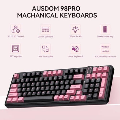 AUSDOM 98Pro Silent Wireless Mechanical Keyboard, Tri-Mode BT/2.4G/USB-C Hot Swappable Custom Quiet Keyboard with Backlit, Gasket Structure, PBT Keycaps,Pre-lubed Tactile Switches(Black & Pink-Silent) - color: Black & Pink