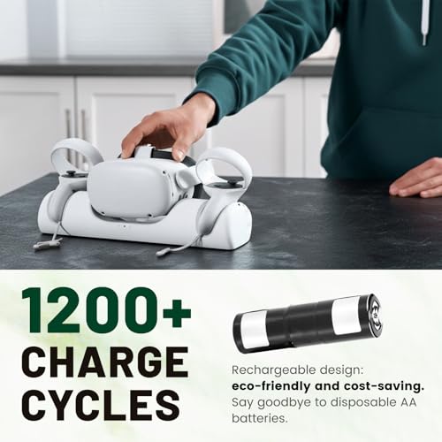 1800mAh Rechargeable AA Batteries | Compatible with Oculus Quest 2 Controller and Meta Quest 3S, 3 Charging Dock, 1800mAh AA Batteries 2 Pack