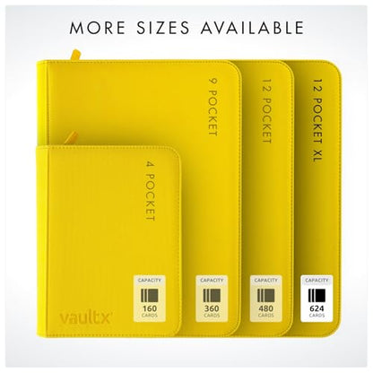 Vault X 12 Pocket XL Zip Trading Card Binder 624 Cards (Yellow) | Holds 624 standard-size TCG cards in 26 side-loading 12-pocket pages. Padded, water-resistant Exo-Tec cover. - color: Yellow, size: 12 Pocket XL