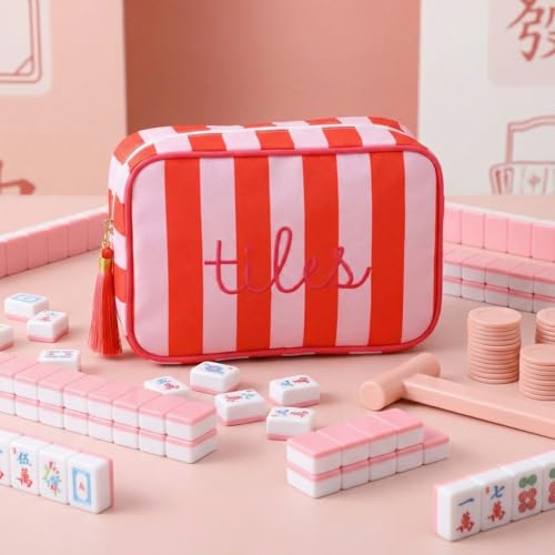 Sanwuta 1 Pcs Mahjong Tile Bag with Zipper,Red, Purple,Striped | Embroidered Mahjong Case for 166 American Mahjong Tiles (1.2") Portable Bags for Board Game Party Gathering Travel - color: Red, Purple, style: Classic