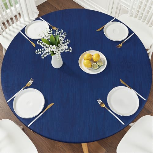 Smiry Round Picnic Tablecloth, Wipeable Flannel Backed Vinyl Tablecloths for 36" - 44" Tables, Waterproof Elastic Fitted Table Covers for Camping, Indoor, Outdoor, Navy - color: Navy, size: For Up to 36"-44" Round