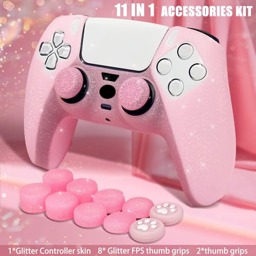 Pink Glitter Anti-Slip Protective Silicone Cover Skin Grips Compatible with PS5/Slim/Pro Controller,8 PCS Glitter Thumb Grips Caps and 2 Grips Caps. (Glitter Pink)