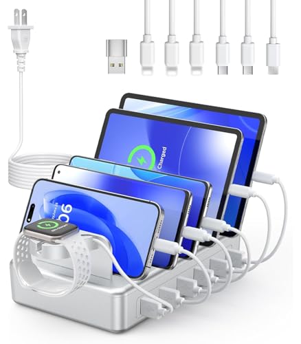 Charging Station for Multiple Devices Apple,50W 6 Port&6 Cables Charging Station for Apple Device with Apple Watch Holder,Charging Dock for Cellphone, Kindle, Tablet and Other Electronic (Sliver) - color: Sliver
