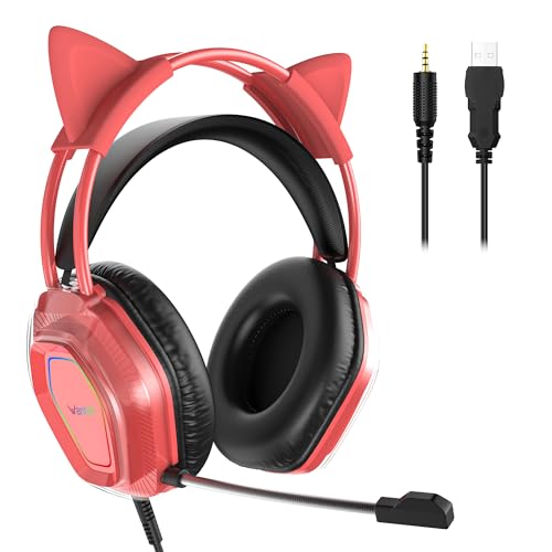 Wantek Cute Cat-Ear Gaming Headset - 50mm Drivers, Noise-Cancelling Mic, 3.5mm Wired Stylish & Lightweight Design (Red) - color: Red