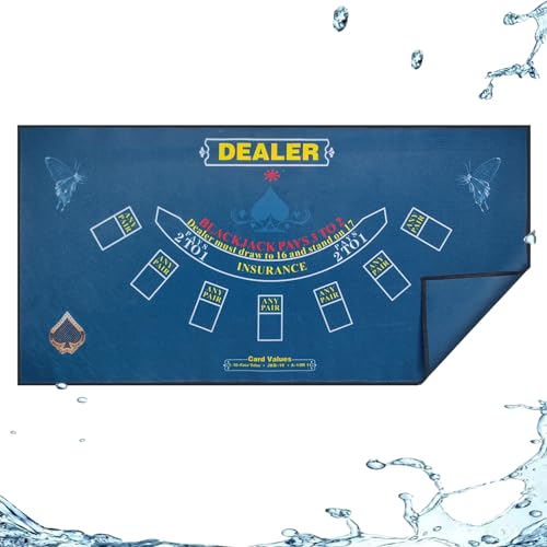 2-in-1 Casino Night Poker Mat, 36"x72" Double-Sided Texas Hold'em & Blackjack Felt Table Cover, Non-Slip Steel Clamps Included, Perfect for Game Night, Home & Casino Parties - color: Blue