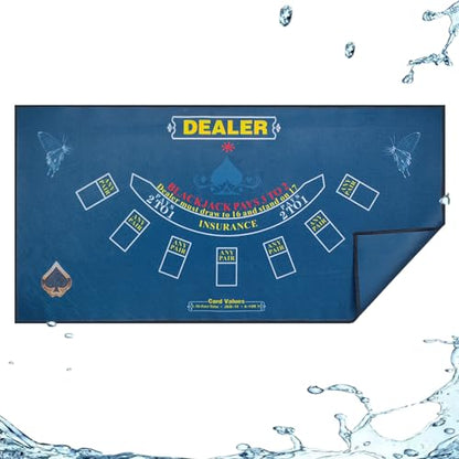 2-in-1 Casino Night Poker Mat, 36"x72" Double-Sided Texas Hold'em & Blackjack Felt Table Cover, Non-Slip Steel Clamps Included, Perfect for Game Night, Home & Casino Parties - color: Blue