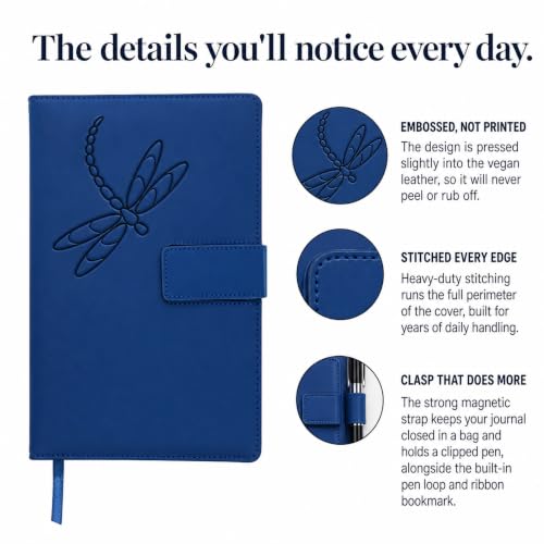 The Amazing Office Dragonfly Refillable Journal, Blue Faux Leather, 200 Lined Pages, 5.75x8.5 Inch Notebook with Magnetic Clasp and Pen Holder, Writing Diary for Women and Men - color: Dragonfly Blue