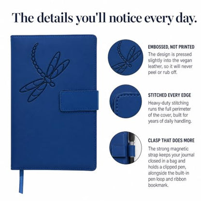 The Amazing Office Dragonfly Refillable Journal, Blue Faux Leather, 200 Lined Pages, 5.75x8.5 Inch Notebook with Magnetic Clasp and Pen Holder, Writing Diary for Women and Men - color: Dragonfly Blue