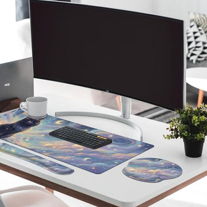 Britimes Starry Clouds Keyboard Mouse Pad Set Whimsical Cat 4in1 Large Mousepad+Keyboard Wrist Rest+Mouse Wrist Rest+Coaster Ergonomic Design for Home Office Computer 35.4x15.7 inches - color: Starry Clouds and Cat