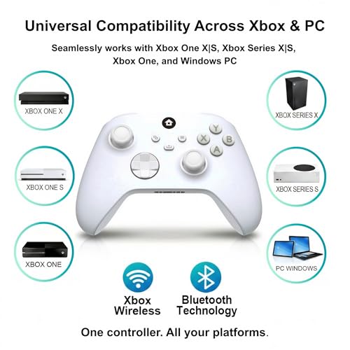 ECUBit Wireless Gaming Controller Compatible with Xbox Series X and Series S, Xbox One and Windows PC, Bluetooth Controller with 1400mAh Rechargeable Battery and LED Power Display, Dual Vibration, USB C Charging, 3.5mm Headset Jack, White