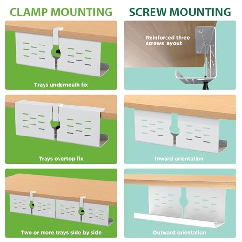 KEEGH 16 in Under Desk Cable Management Tray, Metal Cable Tary, 1 Pack | No-Drill Clamp Mount, Ventilation Holes, Cable Management Tray for Home Office, Gaming Desk, Standing Desk, White - color: White, size: 1 Pack