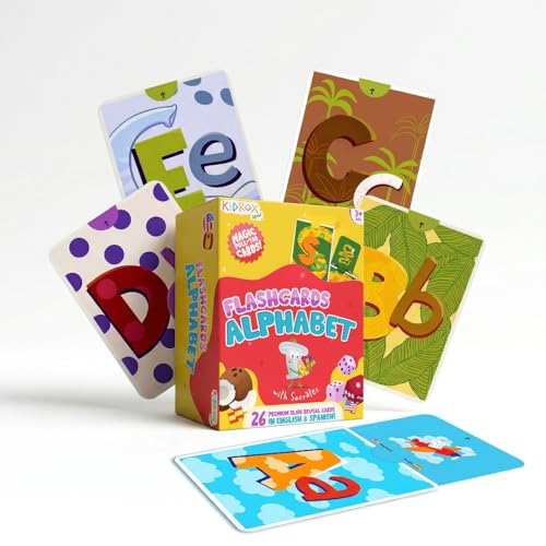 Kidrox Squad Alphabet Flashcards for Kids – 26 Slide-Reveal Cards in English & Spanish | Magic Pull-Tab Bilingual Learning Game for Toddlers & Preschoolers Age 3+ - style: Alphabet