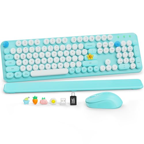 Wireless Keyboard and Mouse Combo, Full-Size Retro Typewriter Keyboard with Round Keycaps, Magnetic Wrist Rest, Tilt Legs, 2.4GHz Cordless for Mac, Windows PC, Laptop, SABLUTE CK23, Robin Egg Blue | Full-Size Retro Typewriter-Style Keyboard, 2.4GHz Cordle